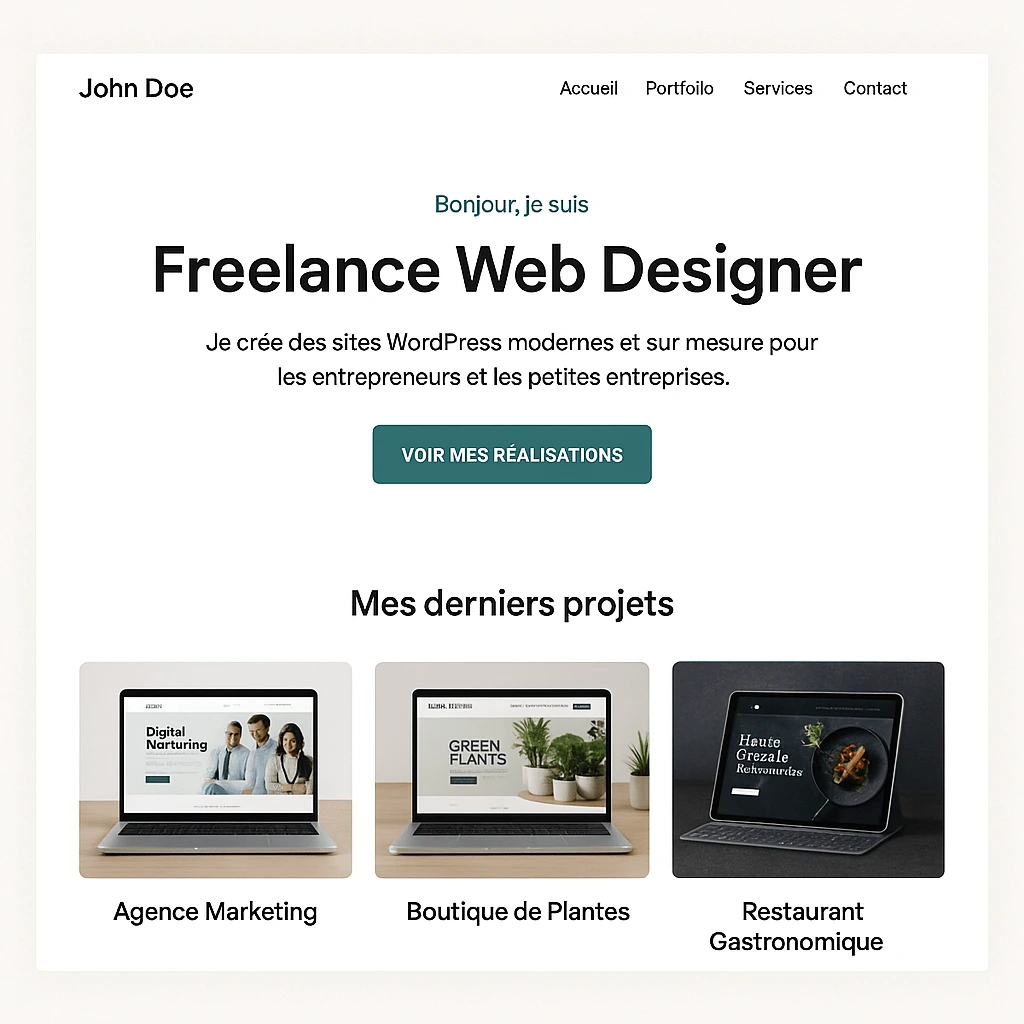 Exemple de site WordPress fictif pour un portfolio de freelance web