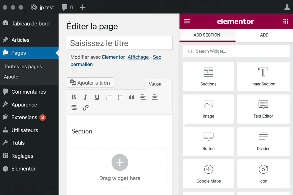 Exemple d’interface WordPress avec Elementor pour la création de pages web