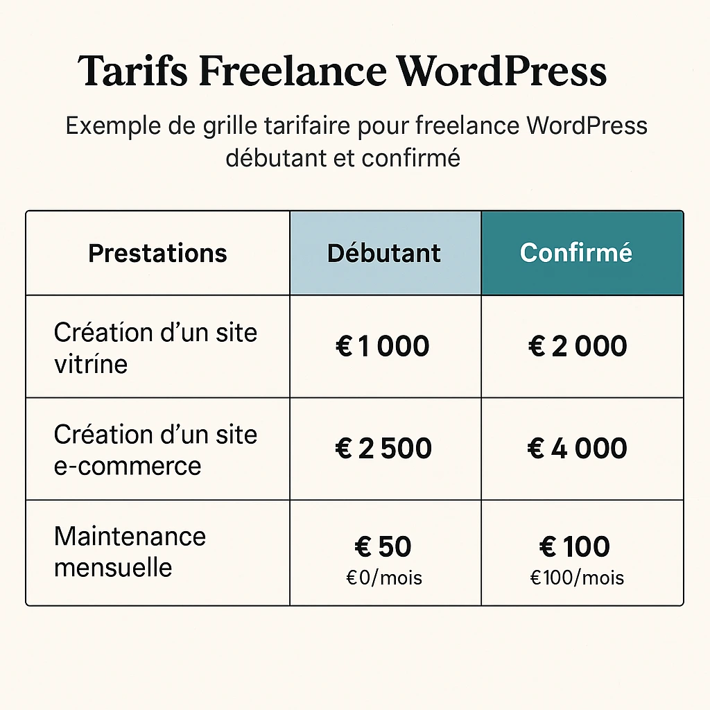 Exemple de grille tarifaire pour freelance WordPress débutant et confirmé